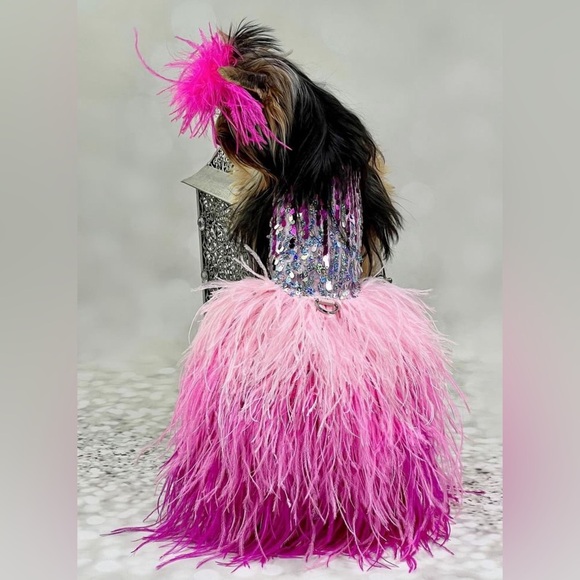 Handmade Ombré Sequin Ostrich Feather Dog Dress In Barbie Pink! - Picture 2 of 3